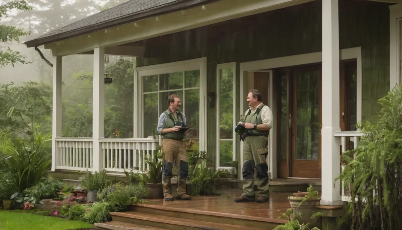 A friendly homeowner talking with a pest control provider at the front door of a wood-frame home in Bothell